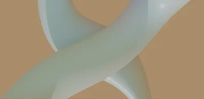 Abstrakte Nahaufnahme von zwei glatten, ineinander verschlungenen geschwungenen Formen in hellen Tönen auf einem beigen Hintergrund.