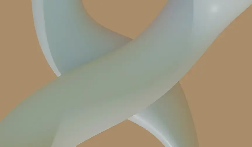 Abstract close-up of two smooth, intertwined curved shapes in pale tones on a beige background.