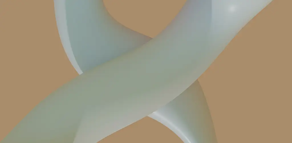 Abstrakte Nahaufnahme von zwei glatten, ineinander verschlungenen geschwungenen Formen in hellen Tönen auf einem beigen Hintergrund.