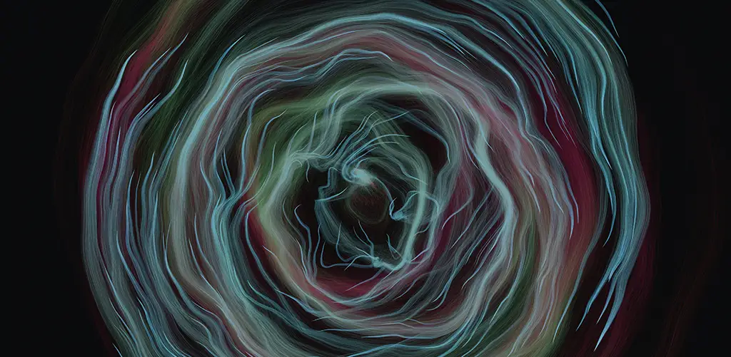 Abstrakt spiralmønster af lys i bevægelse i blå, grønne og rødlige toner på en sort baggrund, der skaber en følelse af energi og dybde.