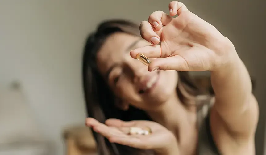 En smilende kvinde, der holder kosttilskud i hånden og viser en kapsel mellem fingrene, som symbol på daglig sundhed og velvære.