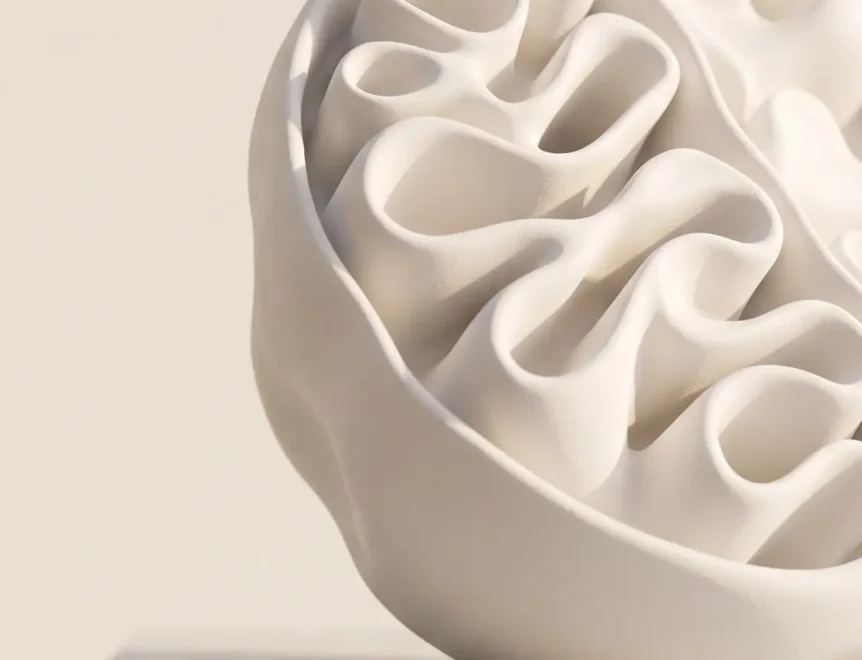 Abstract macro photograph of smooth, white porcelain-like folds suggesting the inner structure of a mitochondrion under soft golden sunlight.