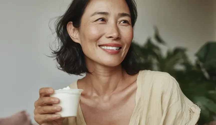En smilende kvinde med kort, mørkt hår sidder indendørs med en kop yoghurt i hånden. Hun har en lys, afslappet bluse på og kigger til siden, med blødt dagslys og grønne planter i baggrunden.