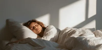 Una donna dorme tranquilla in un letto bianco mentre la luce del sole del mattino entra dalla finestra, creando delle ombre morbide sul muro.