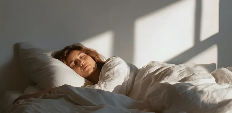 Woman sleeping peacefully in a white bed as warm morning sunlight streams through a window, creating soft shadows on the wall.