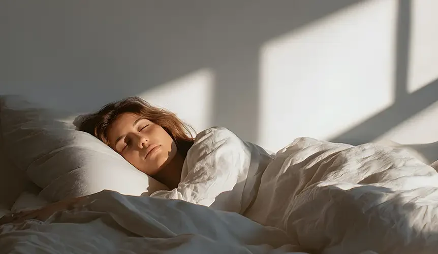 En kvinde sover fredeligt i en hvid seng, mens det varme morgensollys strømmer ind gennem vinduet og kaster bløde skygger på væggen.