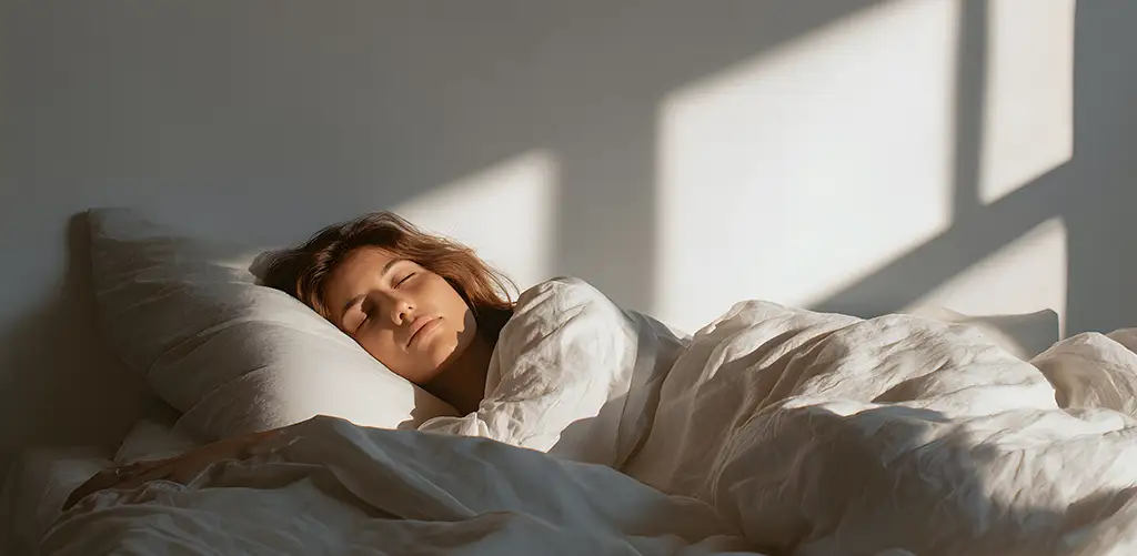 Una donna dorme tranquilla in un letto bianco mentre la luce del sole del mattino entra dalla finestra, creando delle ombre morbide sul muro.