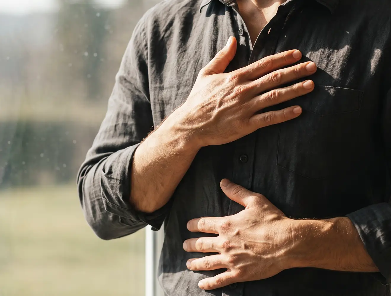 Un hombre de mediana edad con una camisa de lino gris oscuro que se lleva las manos al pecho y al estómago mientras realiza un ejercicio de respiración tranquila y consciente para controlar de forma natural la tensión arterial y alcanzar la longevidad.