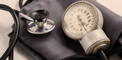 Blood pressure cuff with an analog pressure gauge and a stethoscope resting on a white surface, used for measuring blood pressure.