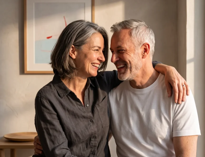 Senior man and woman sharing a joyful connection and laughing together in a brightly lit living room.