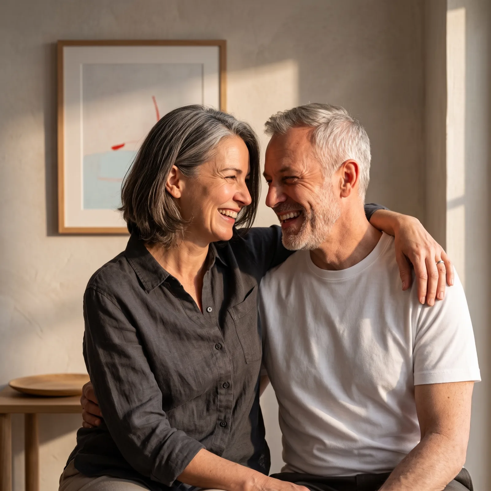 Un hombre y una mujer mayores que disfrutan de un momento de alegría y se ríen juntos en un salón muy bien iluminado.