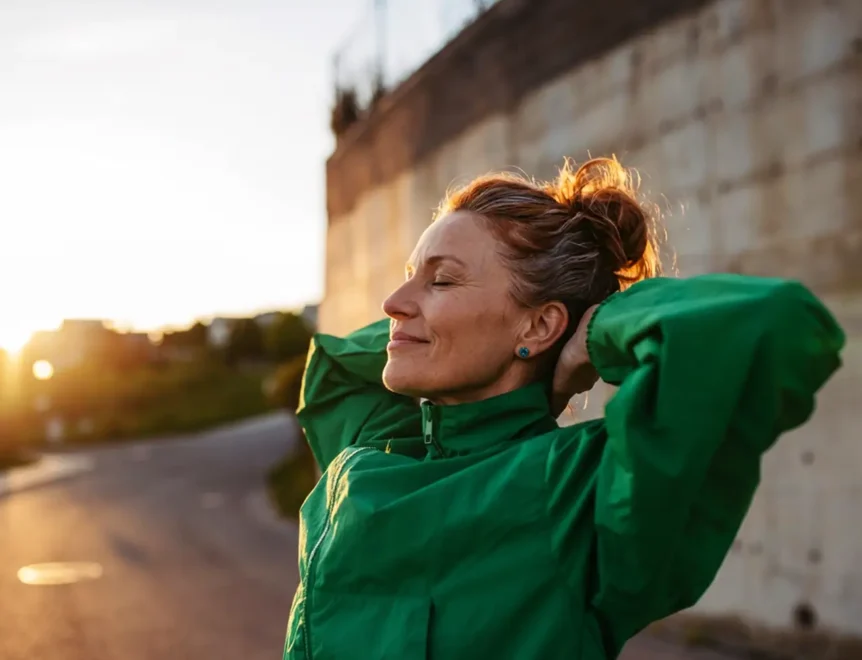 A mature woman in a green jacket stretching with eyes closed during a sunny outdoor workout, relaxed and full of energy