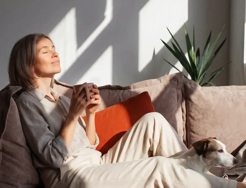 Vrouw die ontspant op een bank in natuurlijk zonlicht met een kop koffie in haar hand, terwijl een hond naast haar ligt in een rustige, knusse huiskamer.