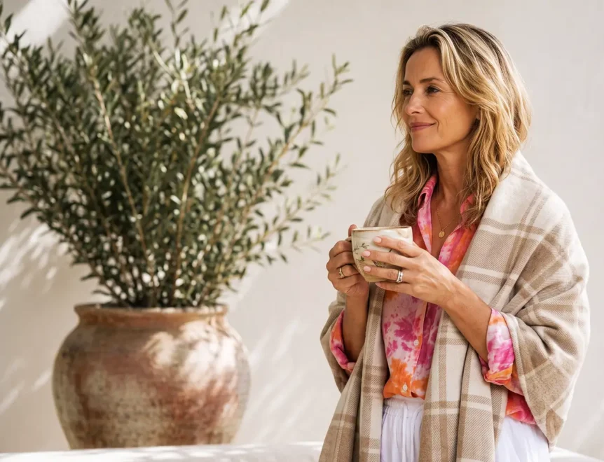 une femme avec une tasse de thé dans son jardin