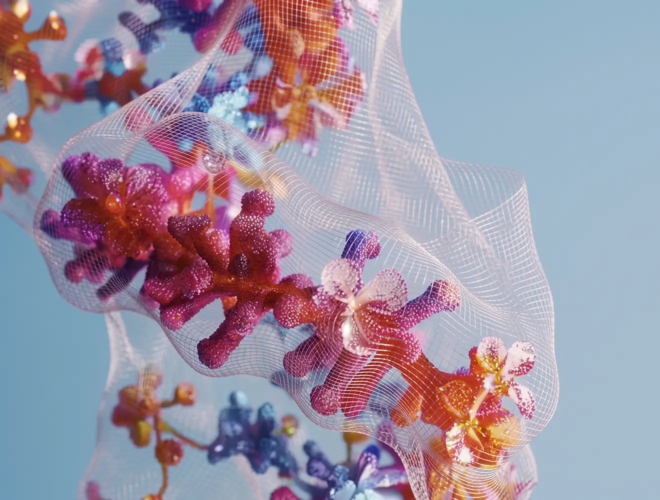 O ilustrație macro 3D a unei structuri moleculare organice colorate, asemănătoare unei flori, în nuanțe de violet, portocaliu și albastru, încadrată într-o plasă fină translucidă cu elemente subtile de cristal de zinc, pe un fundal albastru deschis.