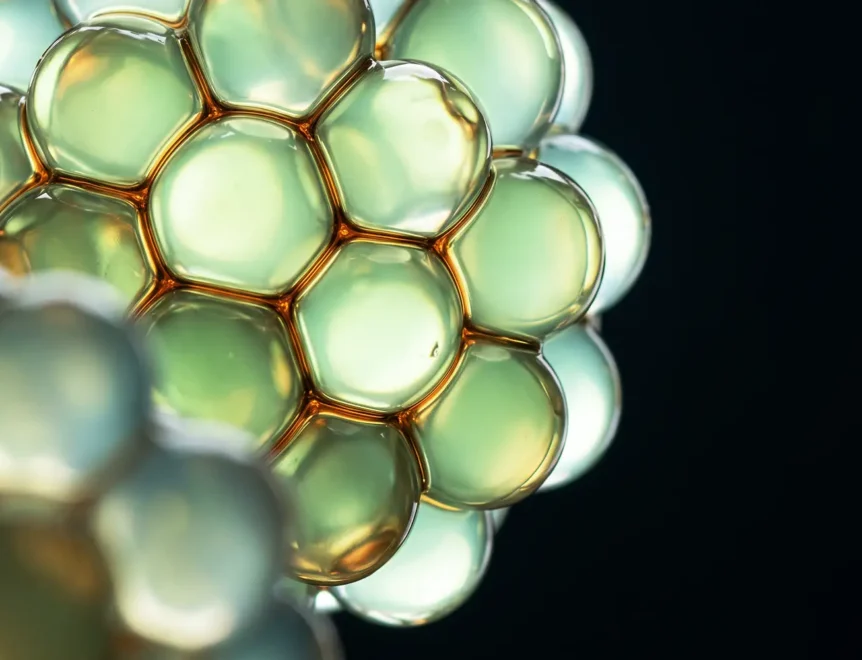 Visualisation abstraite et macro de structures cellulaires et de sphères liposomales dans des tons de jade et d'ambre sur un fond sombre.