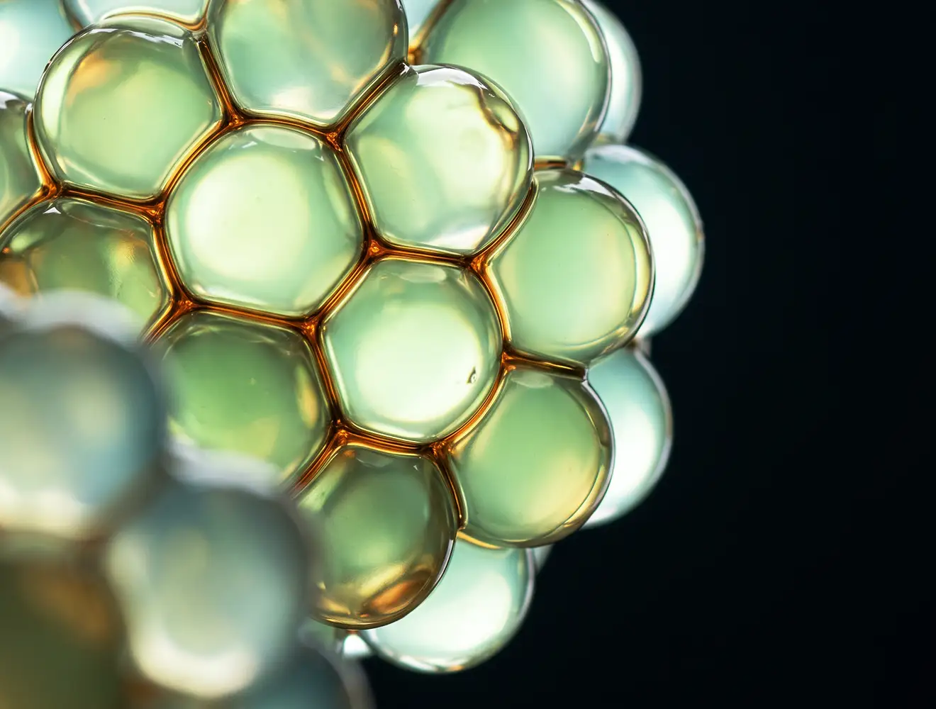 Abstract macro visualization of cellular structures and liposomal spheres in jade and amber tones against a dark background.