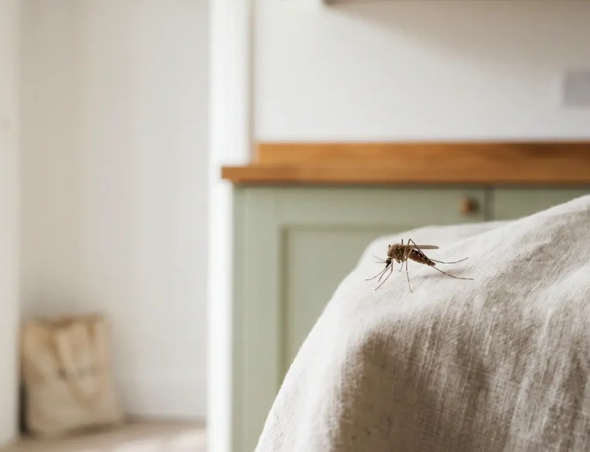 Photo en gros plan d'un moustique posé sur un tissu en lin clair, avec en arrière-plan un intérieur aux tons neutres baigné d'une lumière douce.