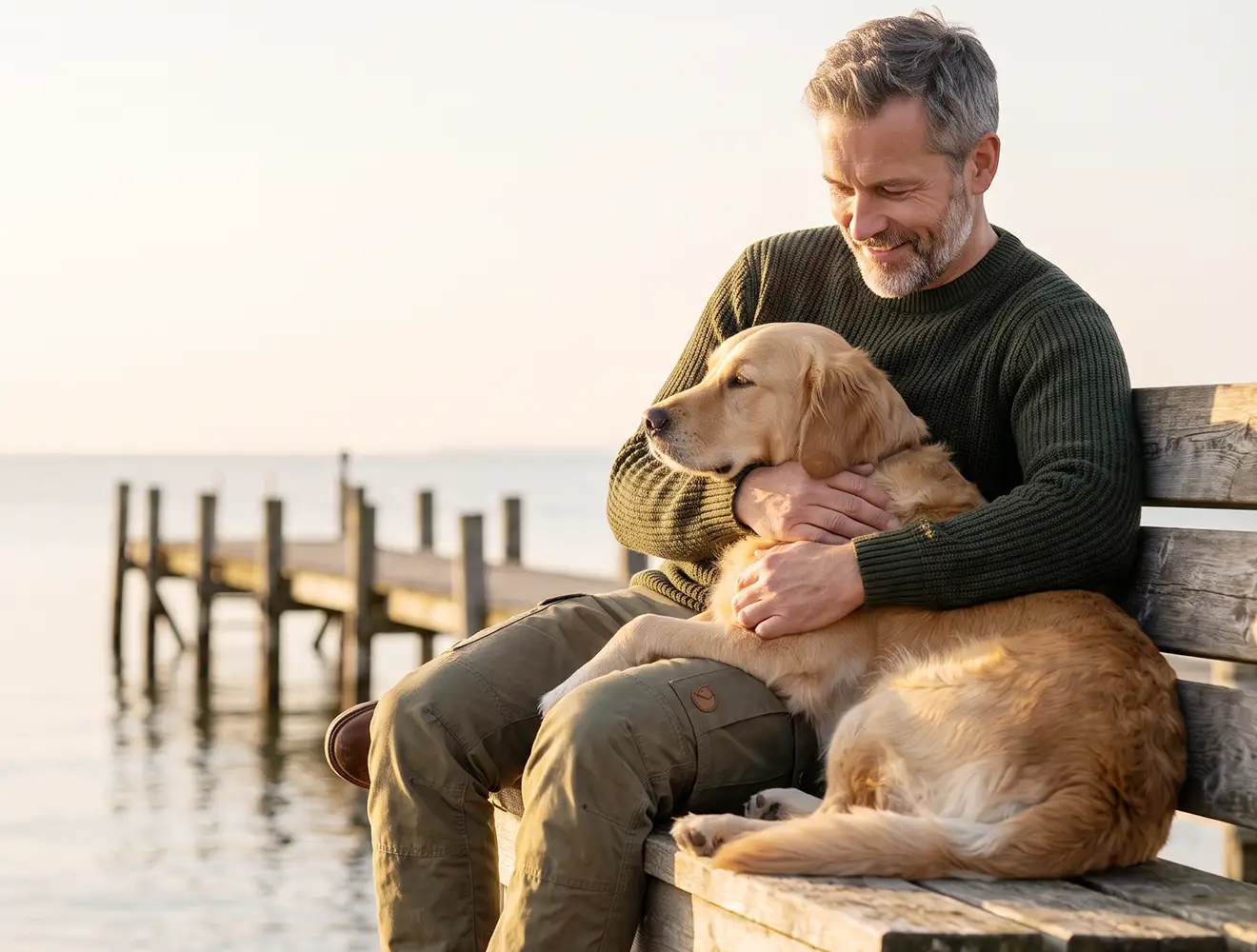 Un homme d'une cinquantaine d'années, vêtu d'un pull vert foncé et d'un pantalon cargo couleur olive, est assis sur un banc en bois et serre tendrement dans ses bras son golden retriever, qui se repose à ses côtés, baigné par la douce lumière de l'heure dorée au bord de l'eau.