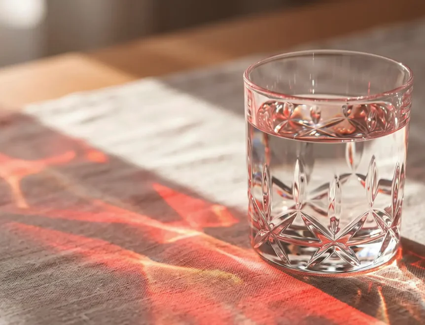 Abstrakte Nahaufnahme von Sonnenlicht, das durch ein Glas Wasser warme Korallentöne bricht