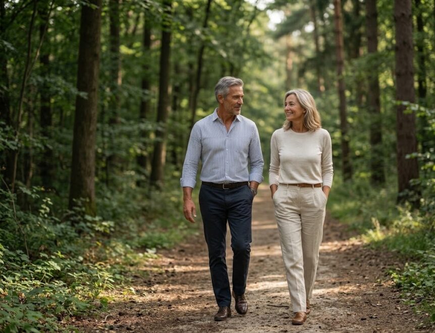 A mature man and woman in their 50s, dressed in stylish casual clothes, walking together along a path in a lush green forest while smiling at each other.