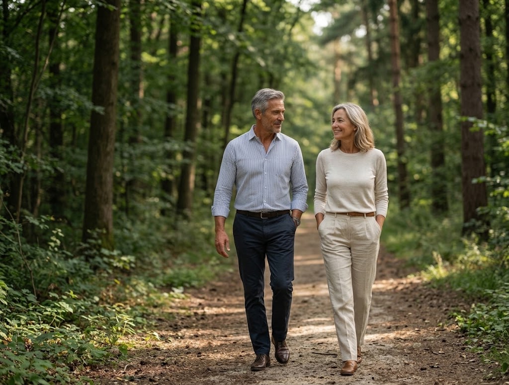 A mature man and woman in their 50s, dressed in stylish casual clothes, walking together along a path in a lush green forest while smiling at each other.