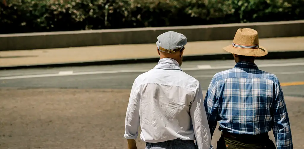 Two senior men walking outdoors in the sunlight, reflecting healthy aging and natural Vitamin D exposure.