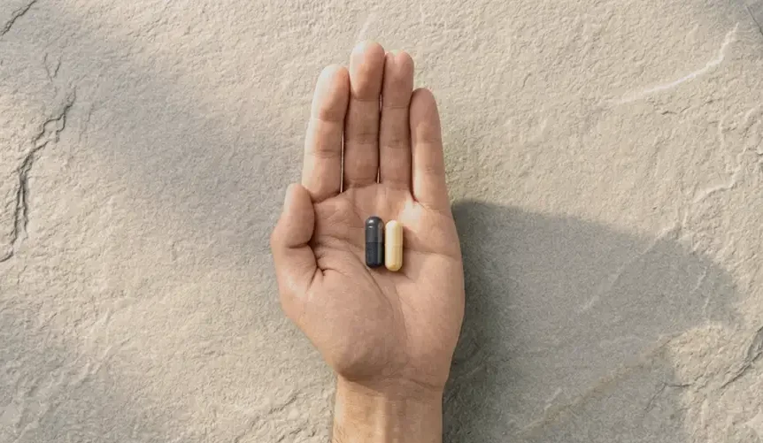 A top-down photograph of an open human hand holding two supplement capsules—one black and one yellow—resting on a rustic grey slate background.