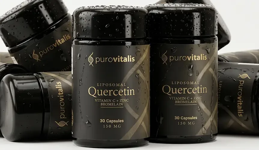 Multiple black bottles of Purovitalis Liposomal Quercetin supplements with gold lettering, highlighting added ingredients Vitamin C, Zinc, and Bromelain, scattered against a light background with water droplets on the packaging.