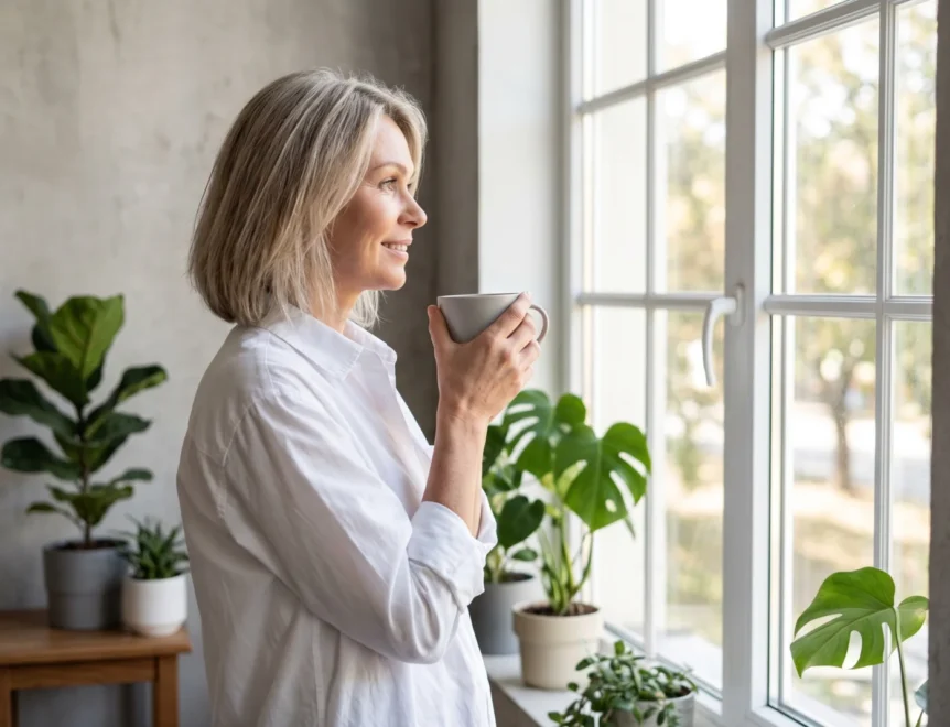 vrouw met een kopje koffie in haar hand kijkt naar buiten