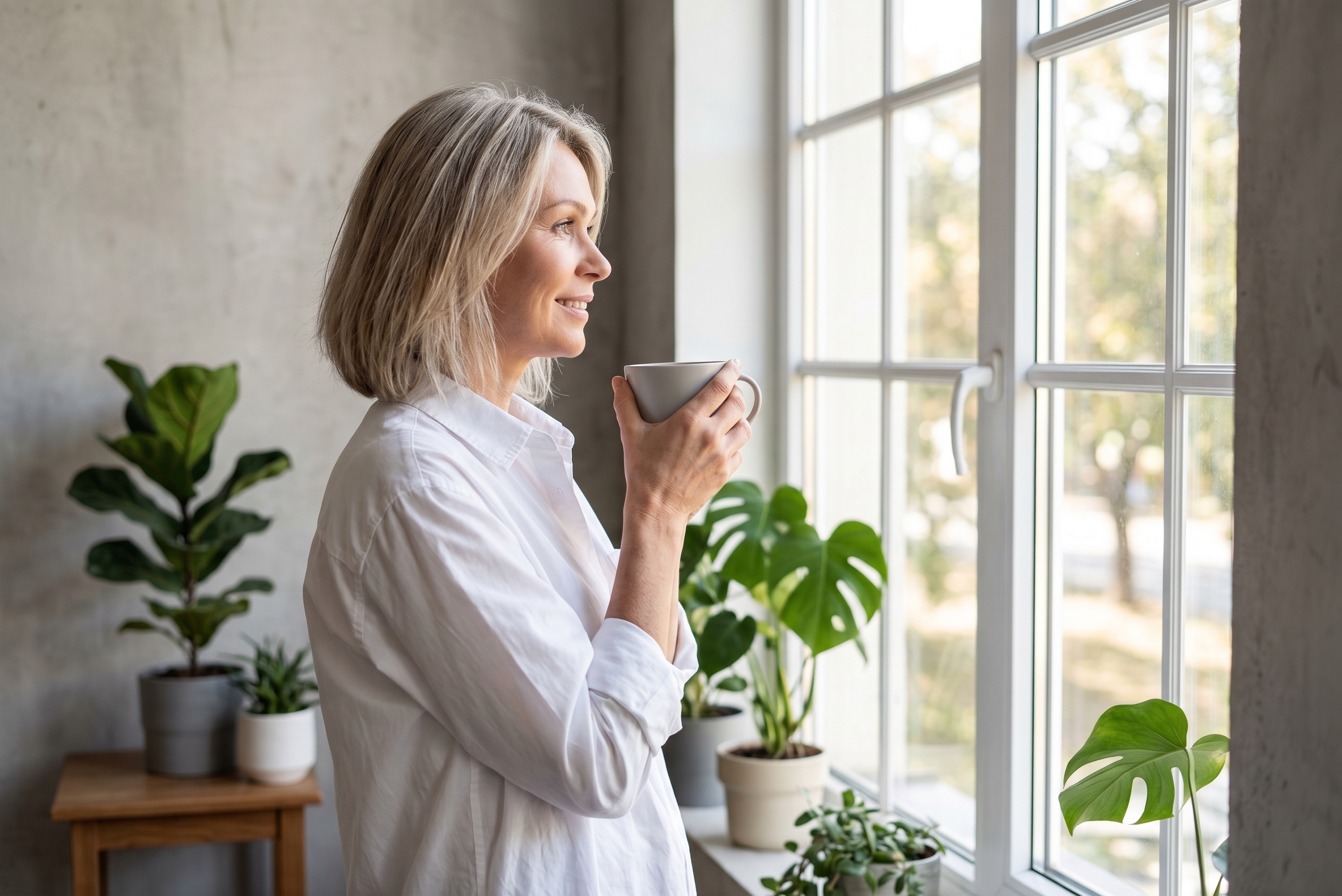 woman holding a cup of coffee look outside