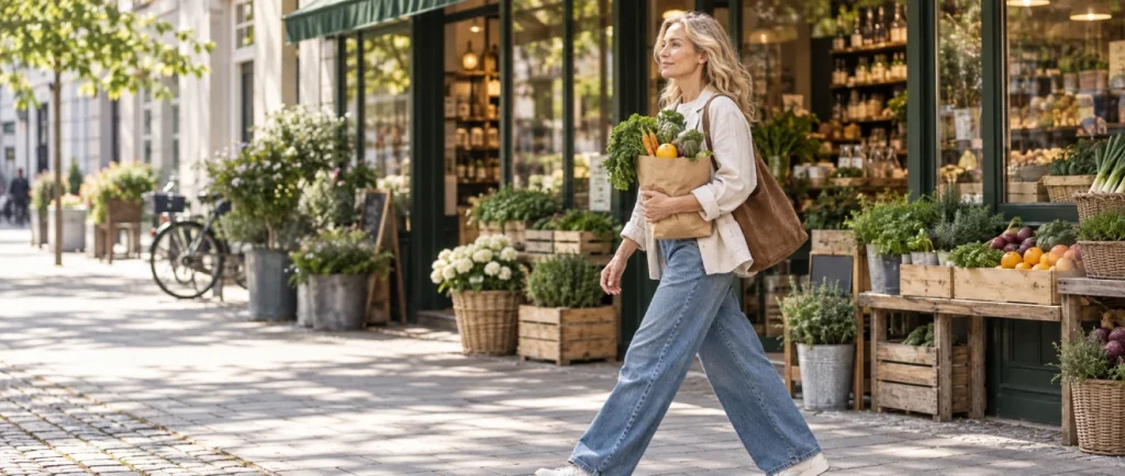 Woman walking home from the market with fresh groceries