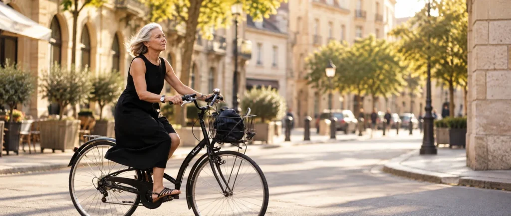 Frau fährt mit dem Fahrrad durch eine sonnige Stadtstraße