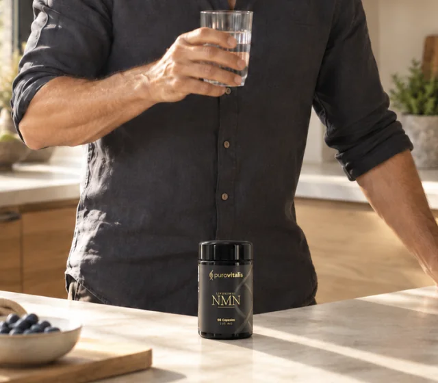 Mand drikker et glas vand ved siden af Liposomal NMN Capsules