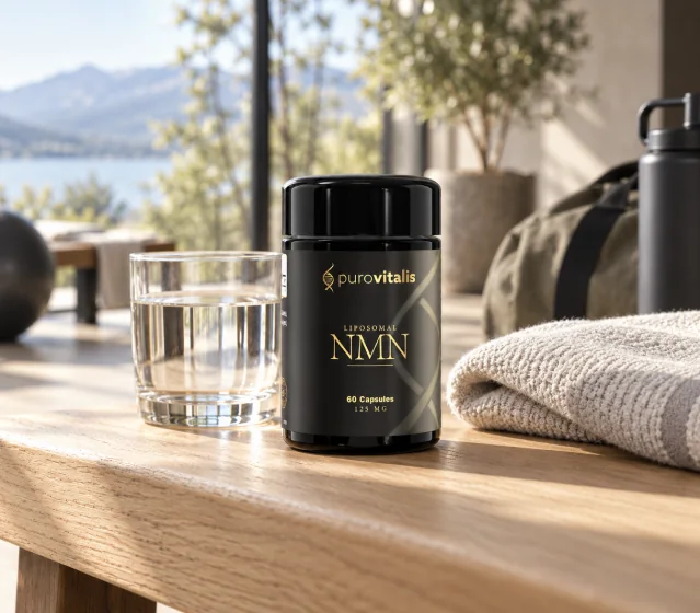 Liposomal NMN Capsules på et træbord med et glas vand