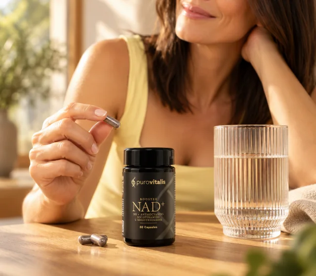 Femeie care ia o capsulă de NAD+ Booster cu un pahar de apă