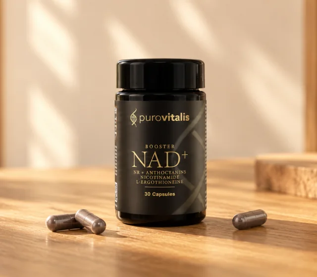 NAD+ Booster pe o masă de lemn, cu capsule