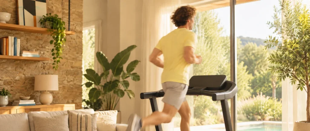 Hombre corriendo en una cinta en casa