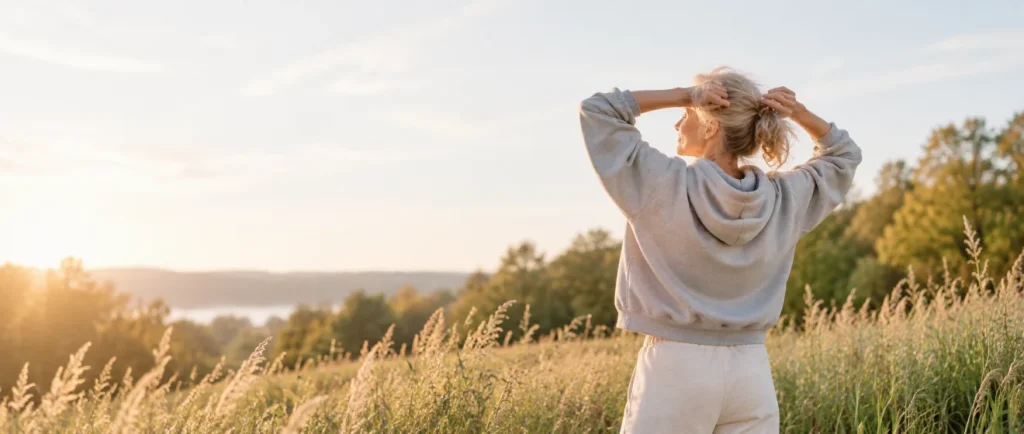 Vrouw rekt zich uit in een zonovergoten veld bij zonsopgang