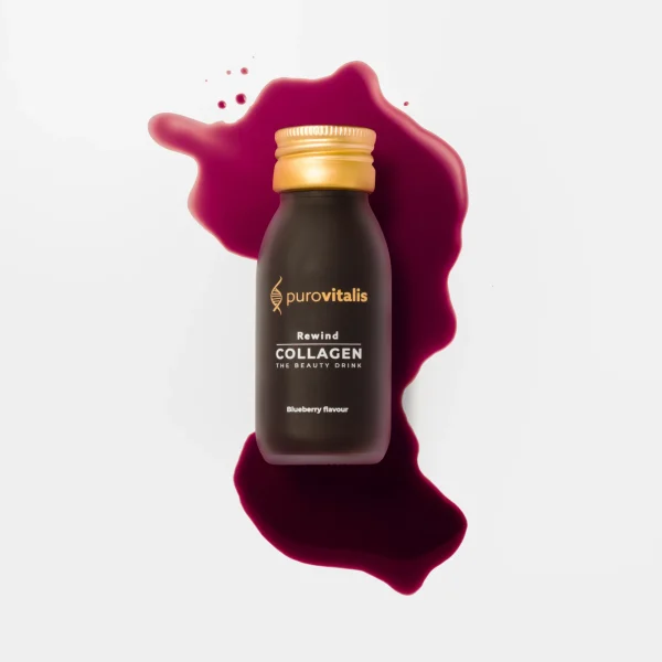 Rewind Liquid Collagen bottle with a splash of collagen