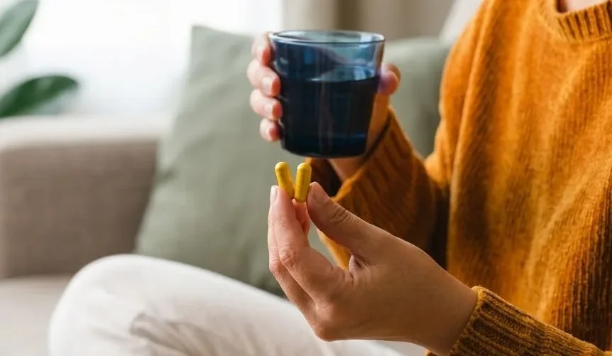 Kvinde i sofaen med et glas vand og to kapsler
