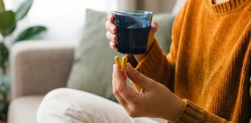 Mujer en el sofá con un vaso de agua y dos cápsulas